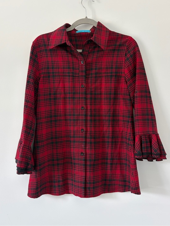 Alice + Olivia Tops - Vintage Alice + Olivia Red Black Plaid Wool Viscose Flounce Sleeve Fall Top S